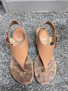 Michael Kors Cognac Leather Cork-Effect Thong Sandals